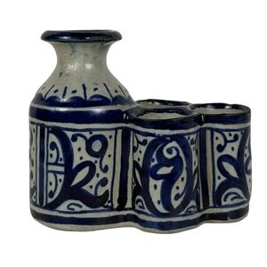 Vintage Ceramic Pen‎ Quill Holder Inkwell Blue Terracotta Pottery